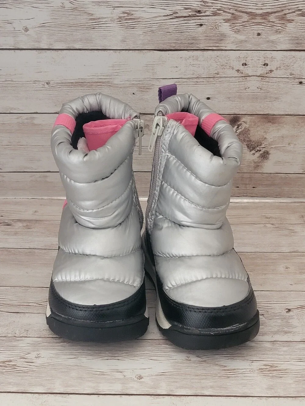 Wonder Nation Toddler Girls Puffy Winter Snow Boots - Size 7 -Silver/Pink Accent